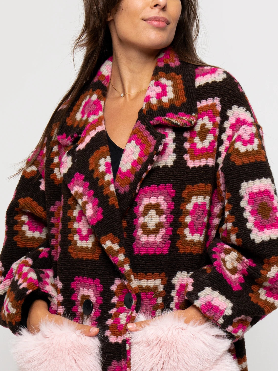 CAPPOTTO - tasche in volpe fucsia & marrone