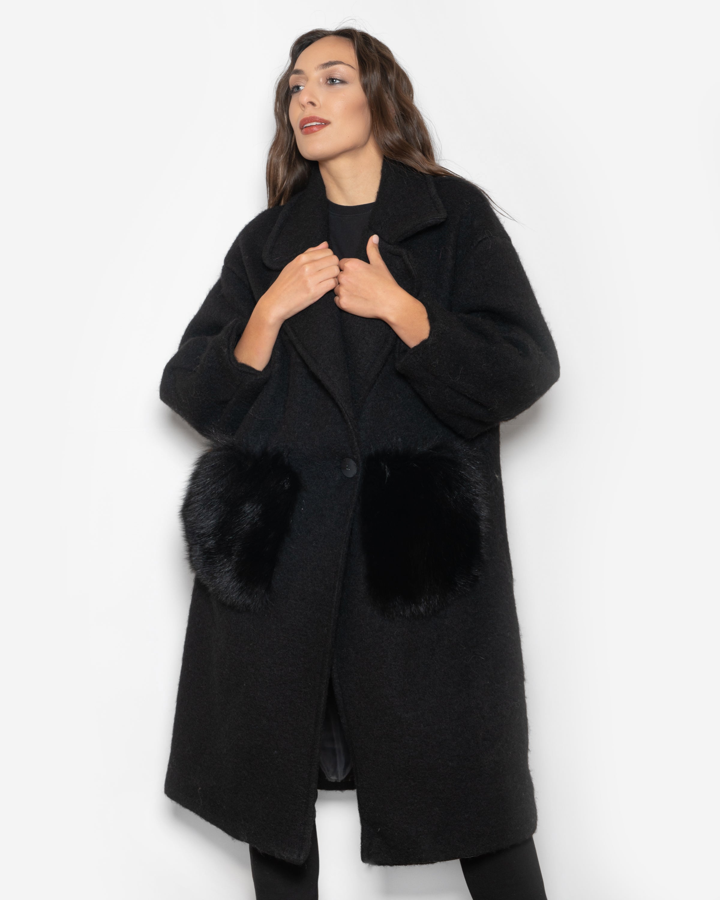 Black Fox Coat With Pockets