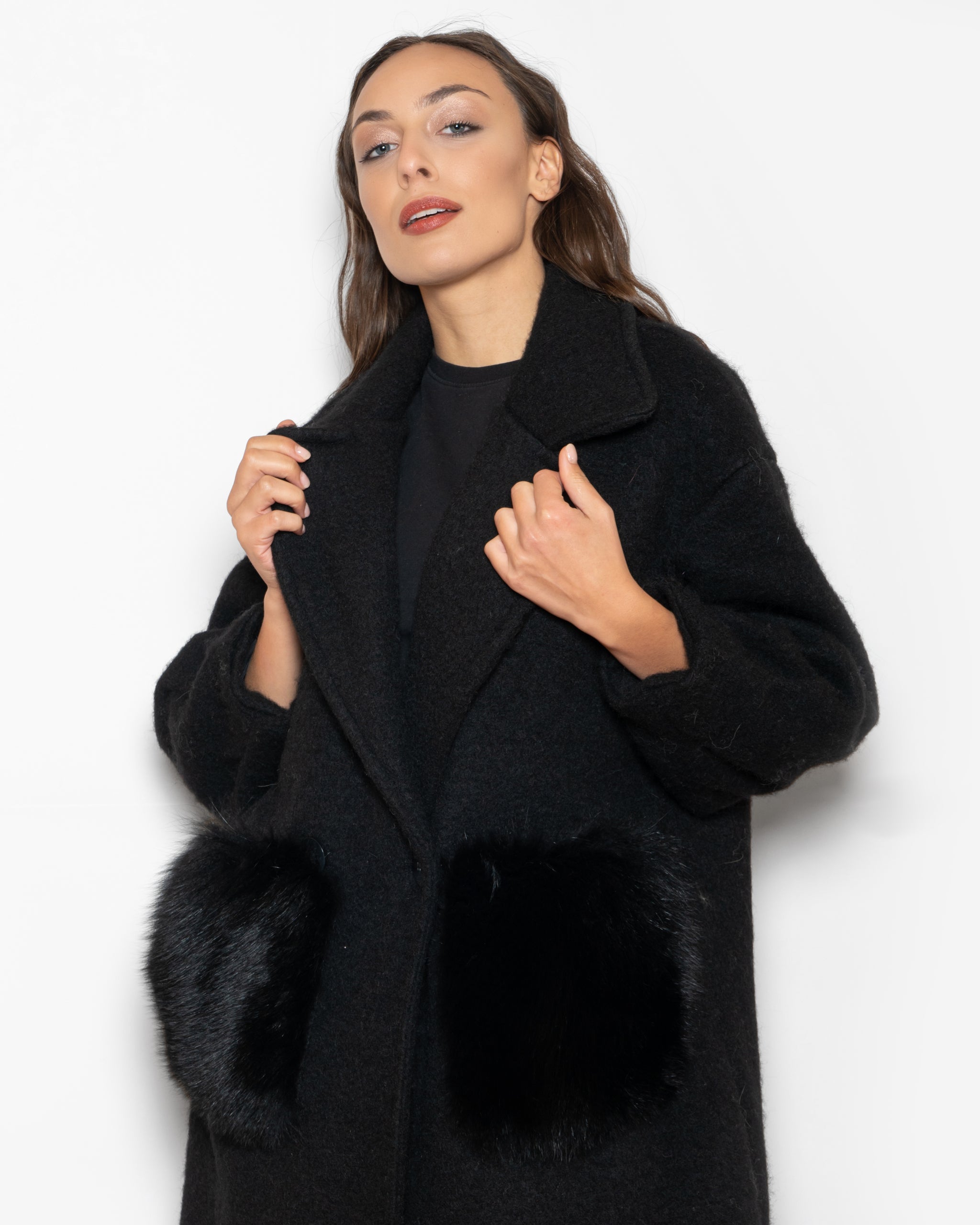 Black Fox Coat With Pockets