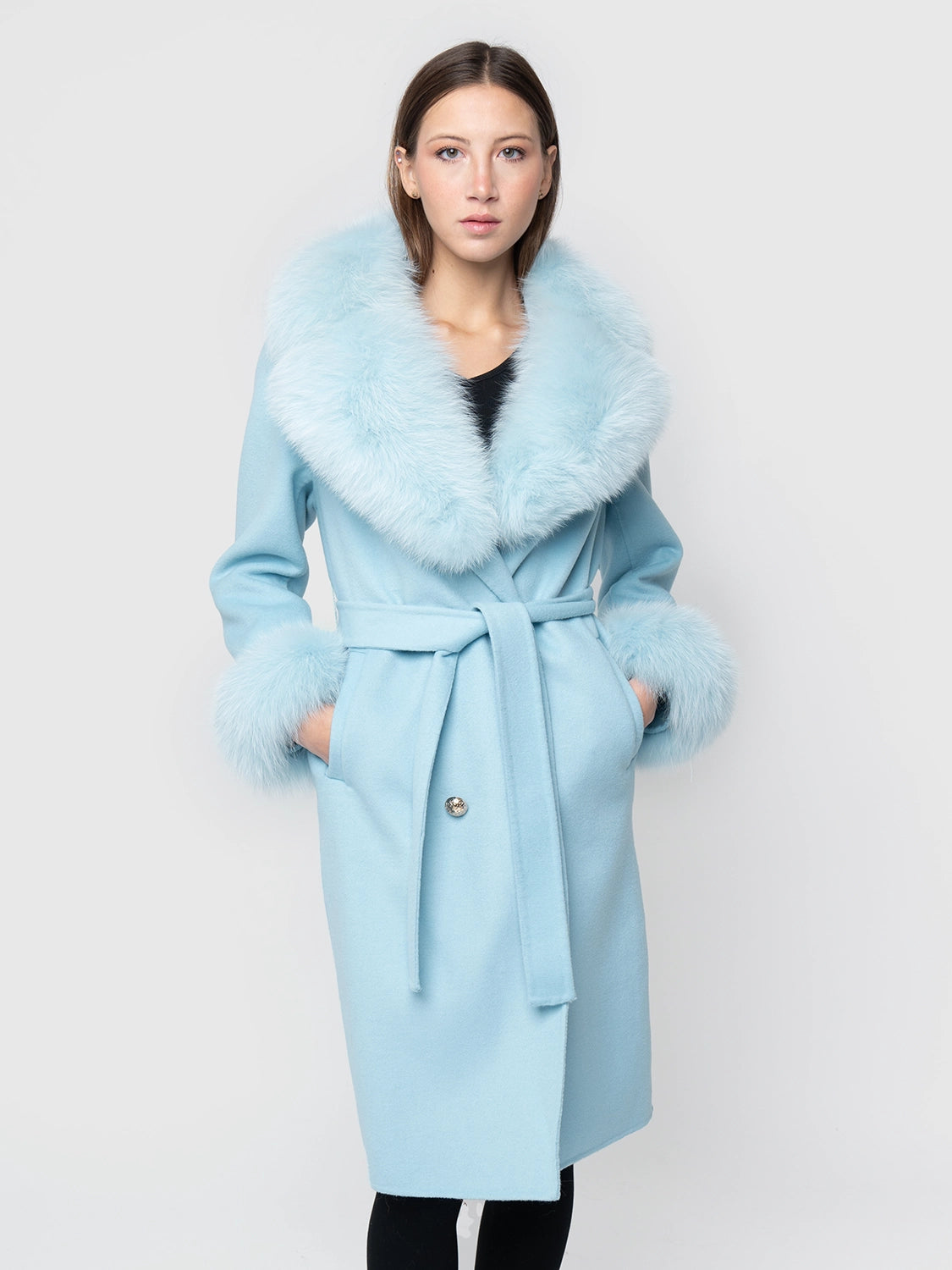 CAPPOTTO - cashmere collo e polsini in volpe celeste