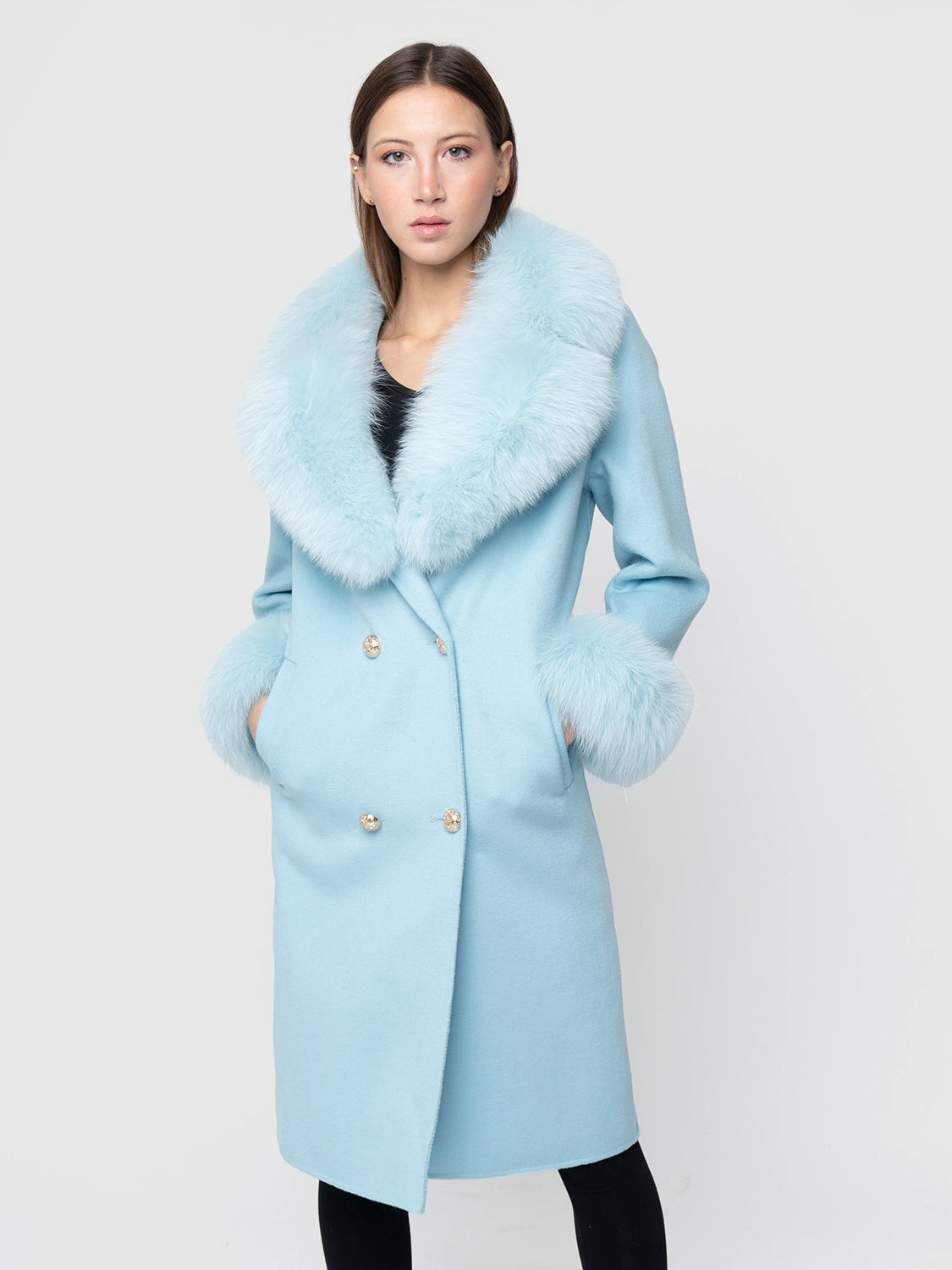 CAPPOTTO - cashmere collo e polsini in volpe celeste