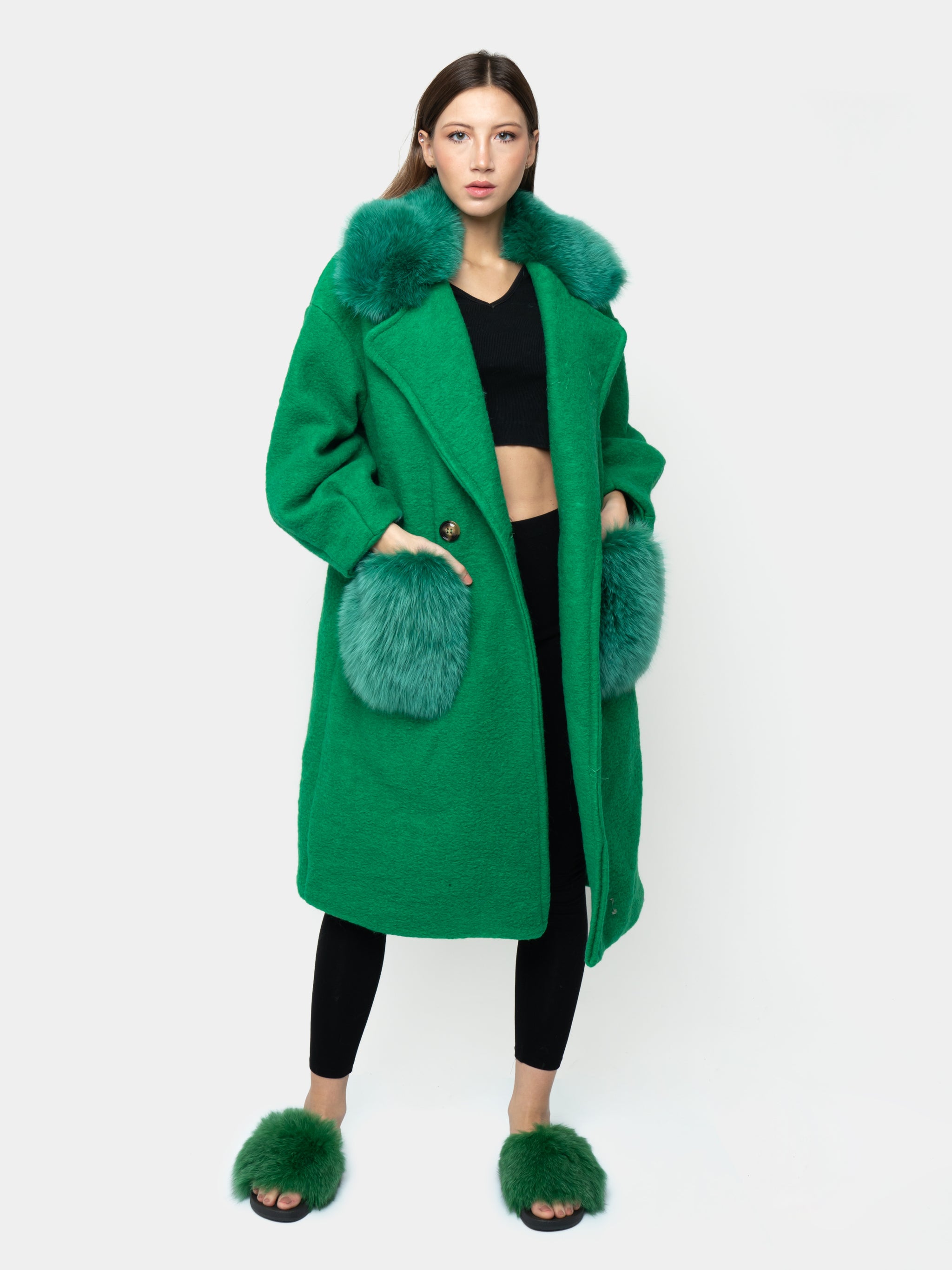 COAT - green fox collar and pockets