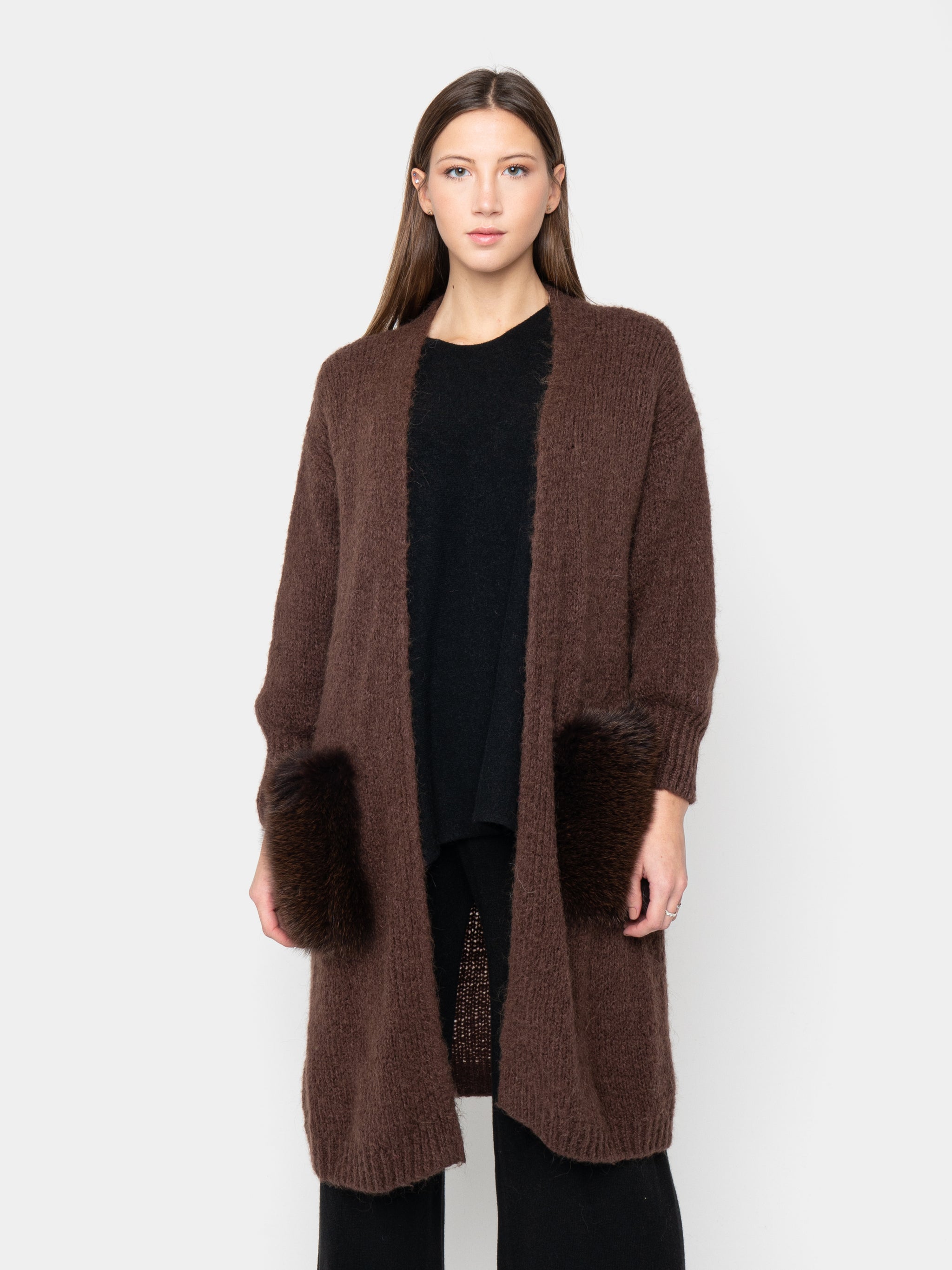 CARDIGAN - pockets in brown fox fur