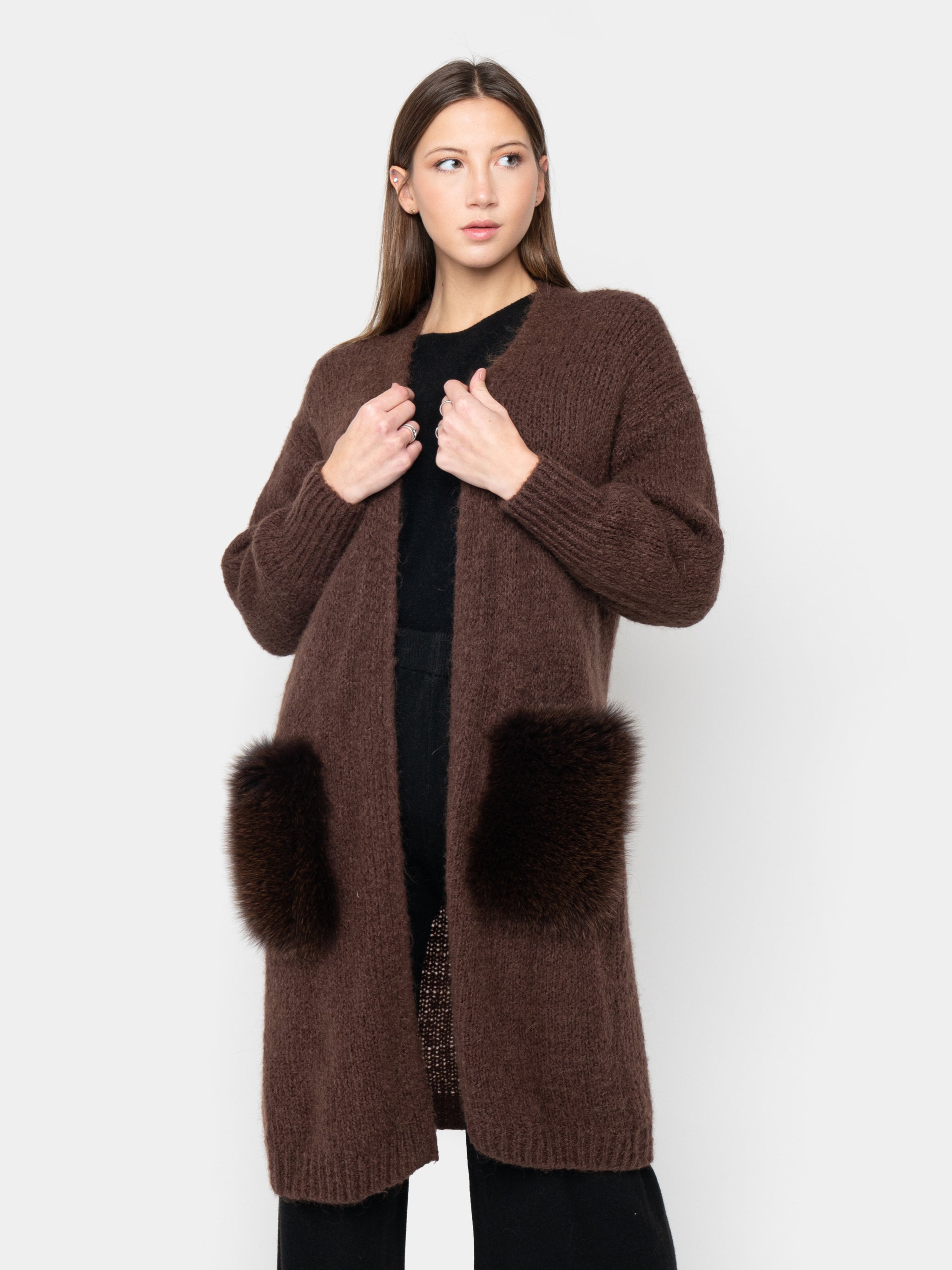 CARDIGAN - pockets in brown fox fur