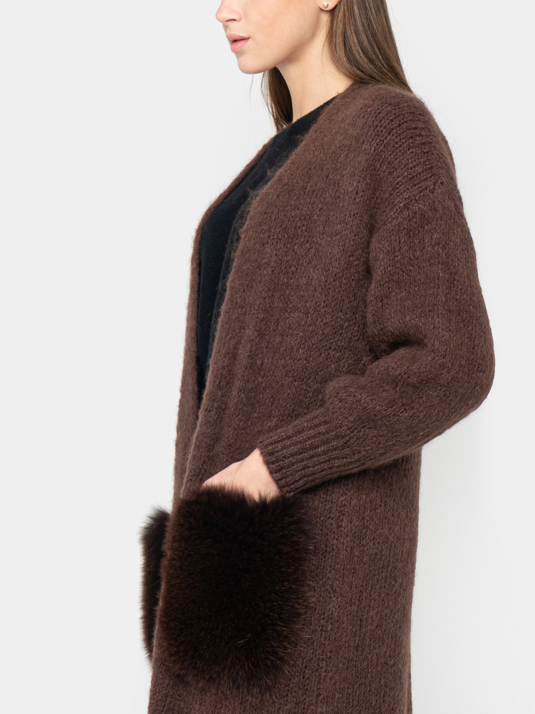 CARDIGAN - pockets in brown fox fur