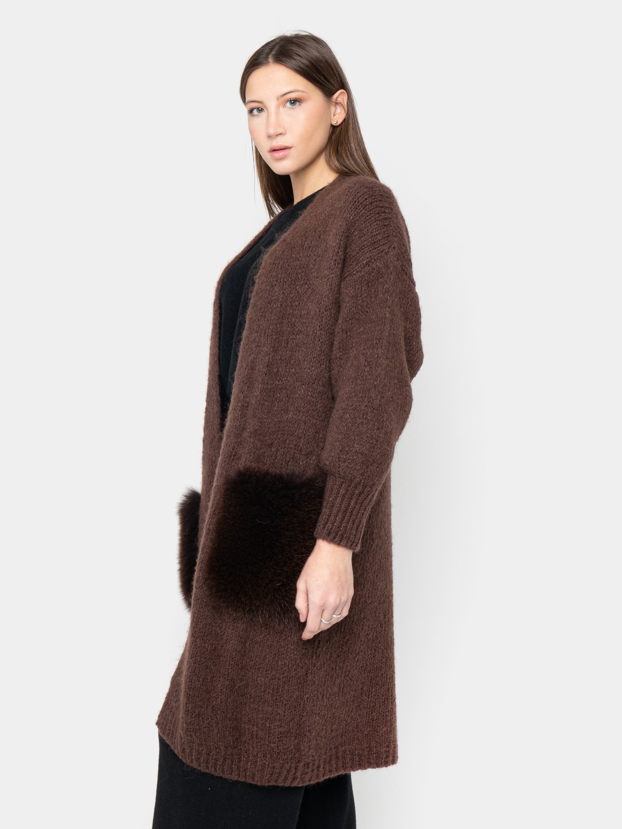 CARDIGAN - pockets in brown fox fur