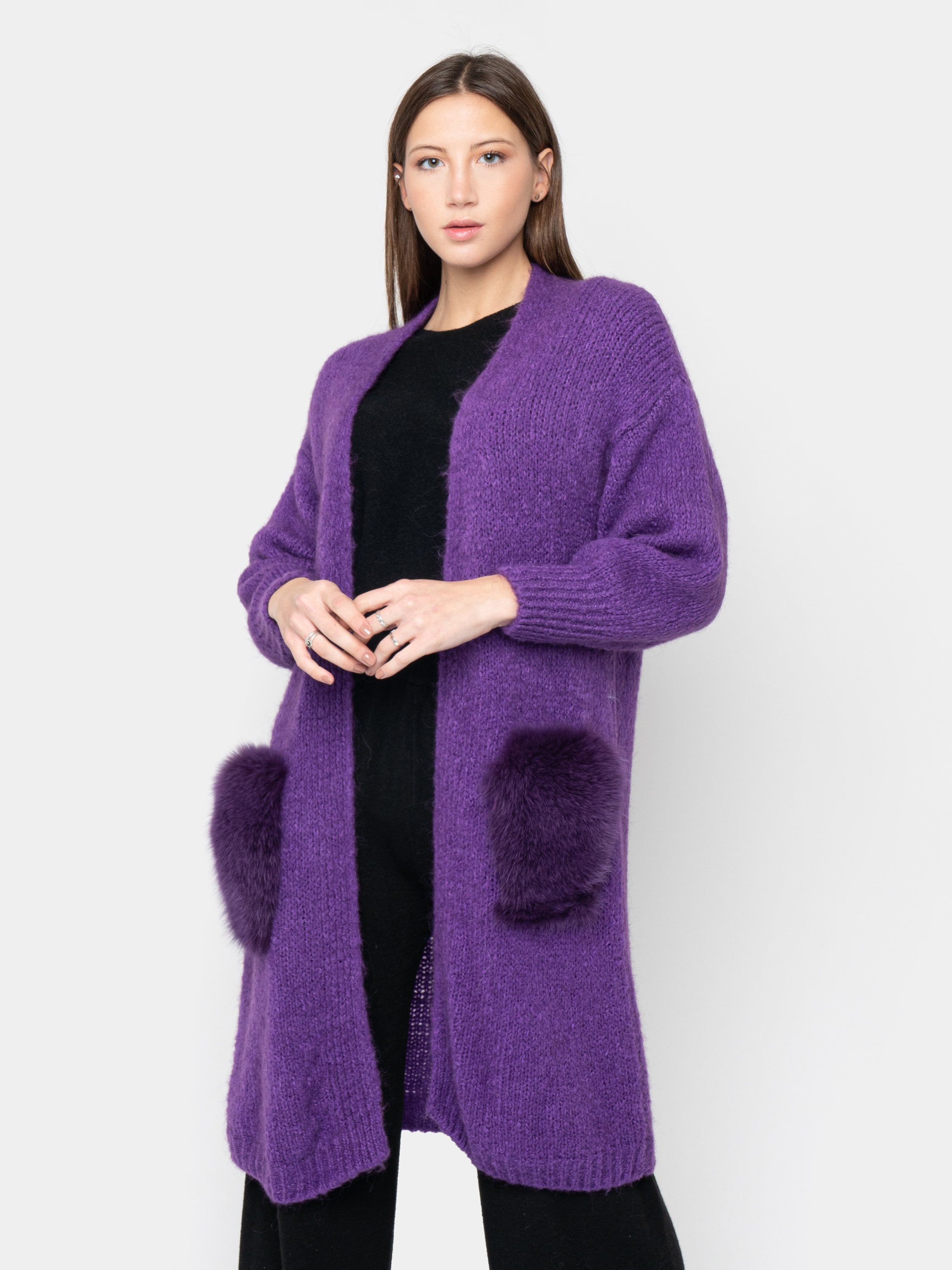 CARDIGAN - pockets in purple fox fur