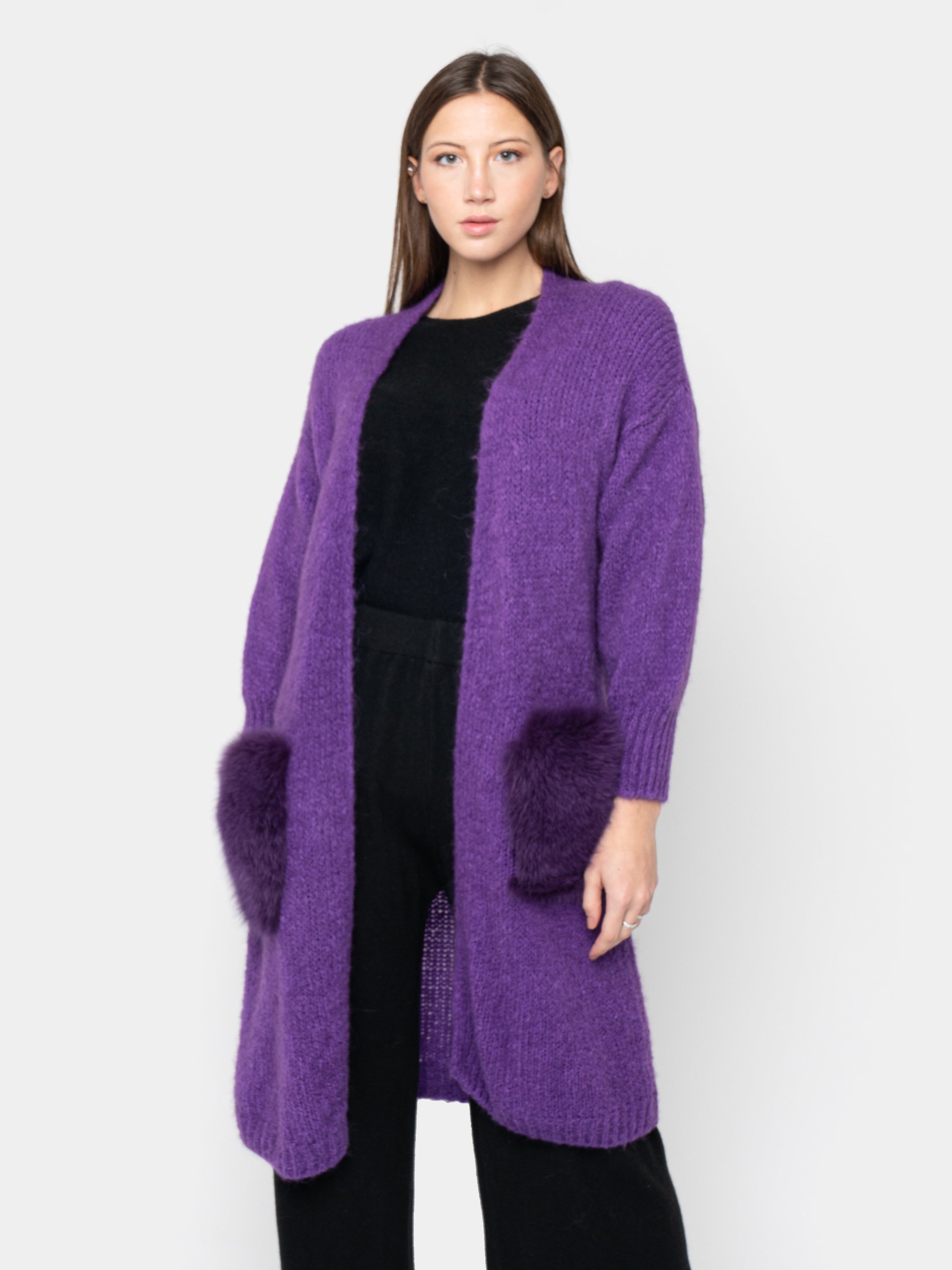 CARDIGAN - pockets in purple fox fur