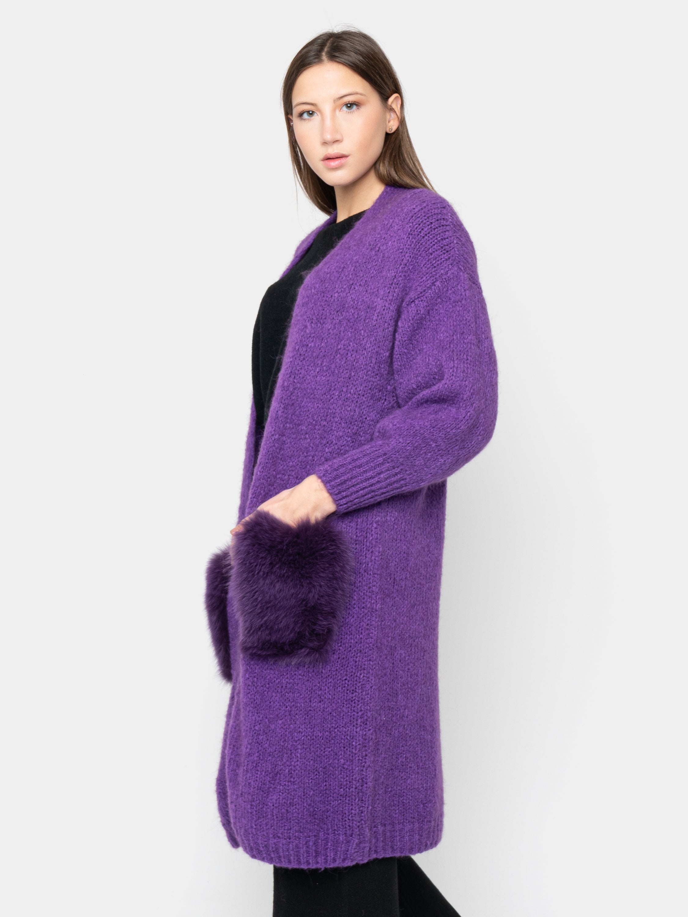 CARDIGAN - pockets in purple fox fur