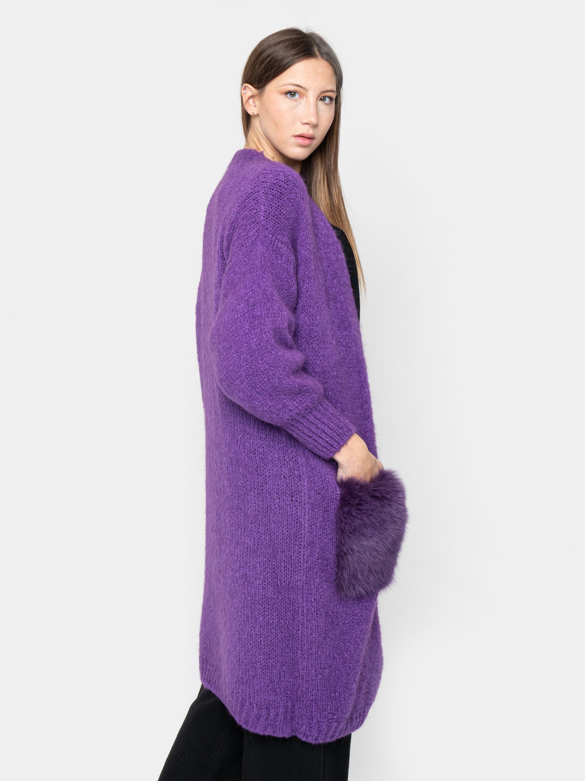 CARDIGAN - pockets in purple fox fur