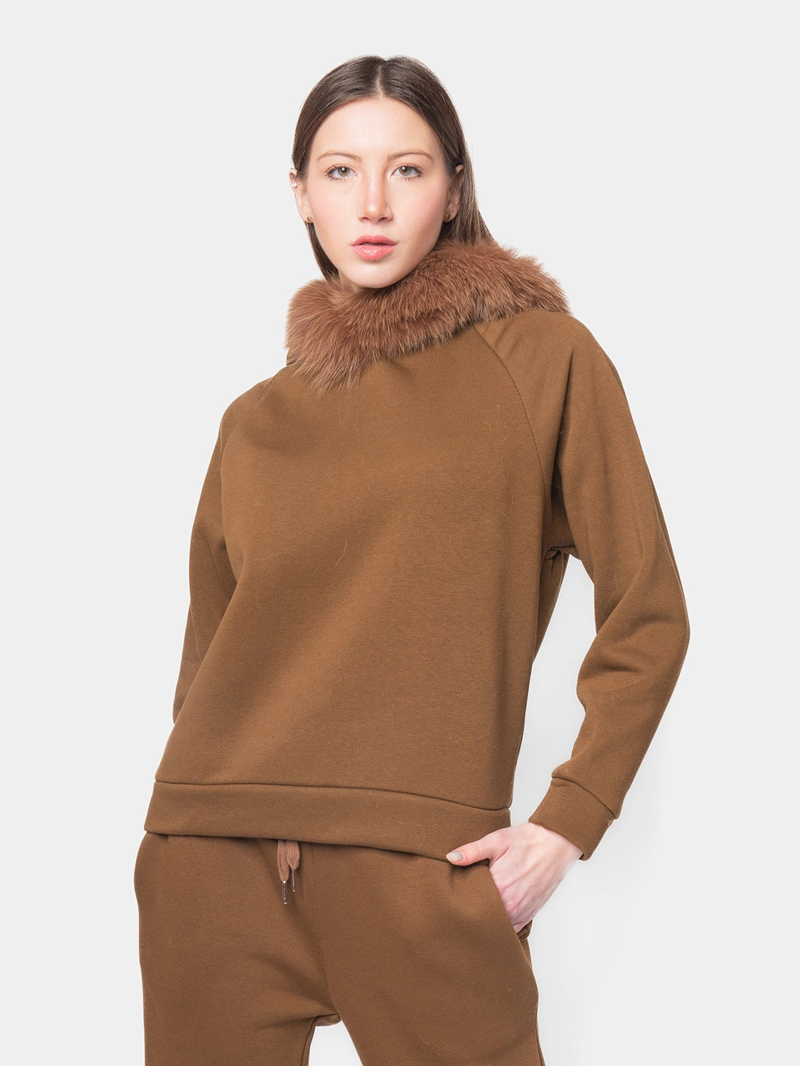 PORTO VENERE - Hooded tracksuit with fox trim - brown