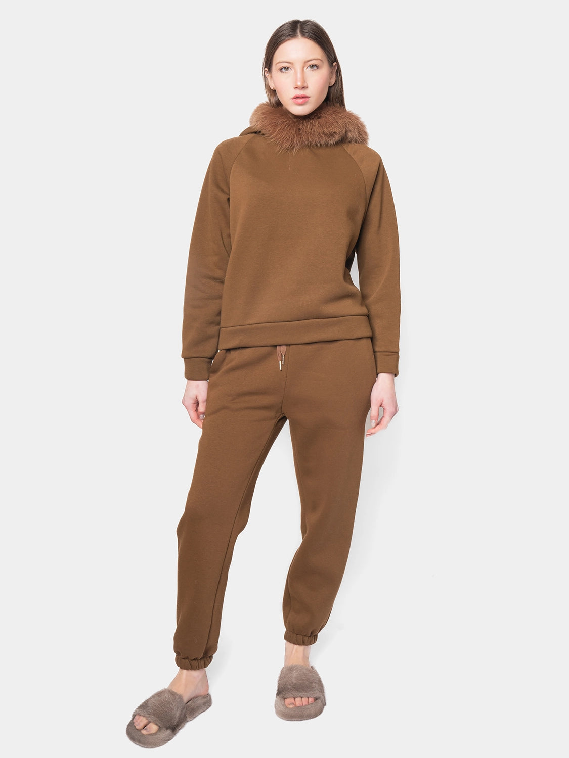 PORTO VENERE - Hooded tracksuit with fox trim - brown