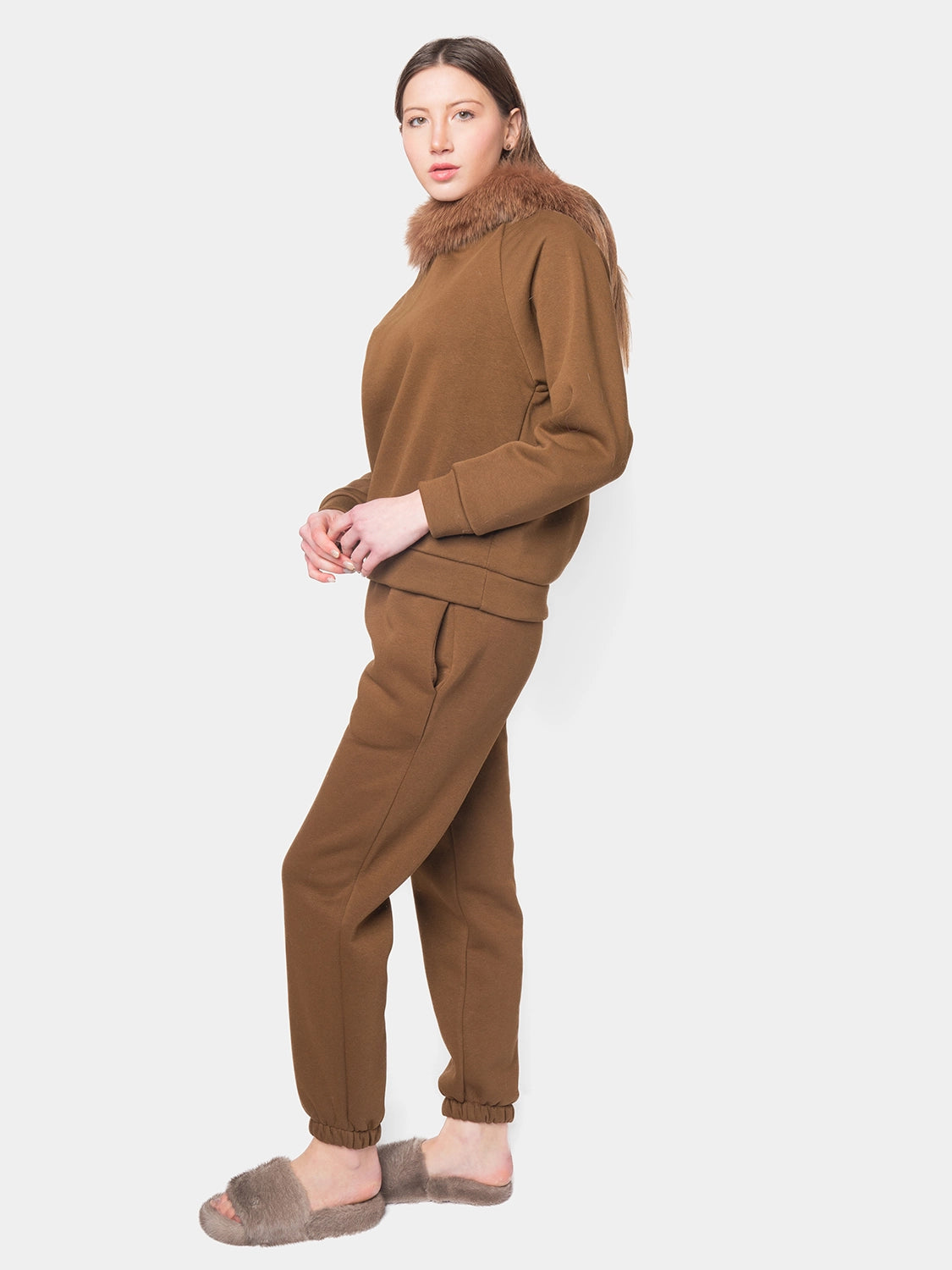 PORTO VENERE Hooded tracksuit with fox trim brown Elisabetta