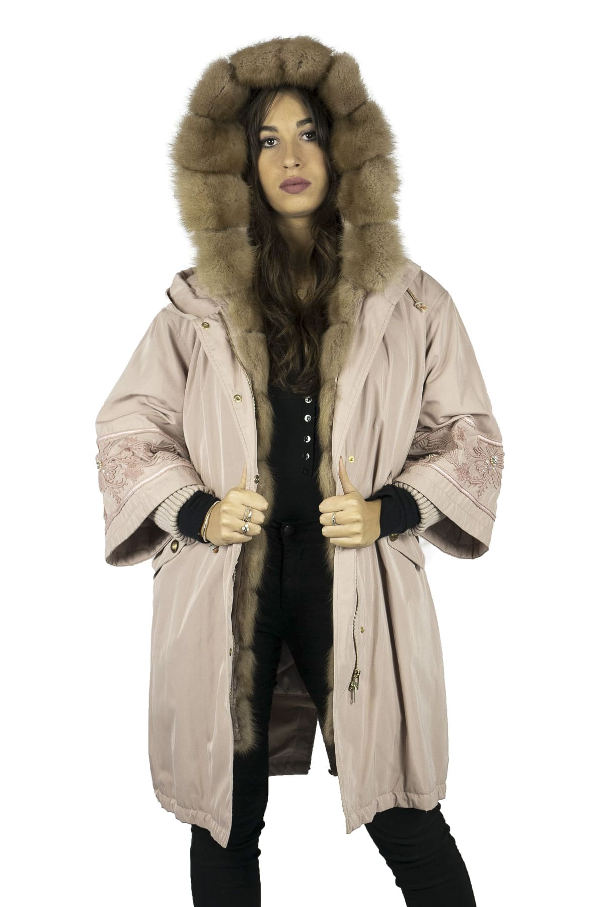 Parka con interno in Visone Rosa con Cappuccio e Bordo in Zibellino - Elisabettapanerai